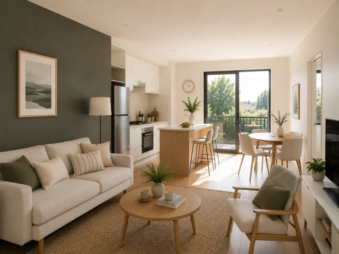 Small Geelong apartment painted in one light neutral palette with a single deep-toned feature wall behind the sofa