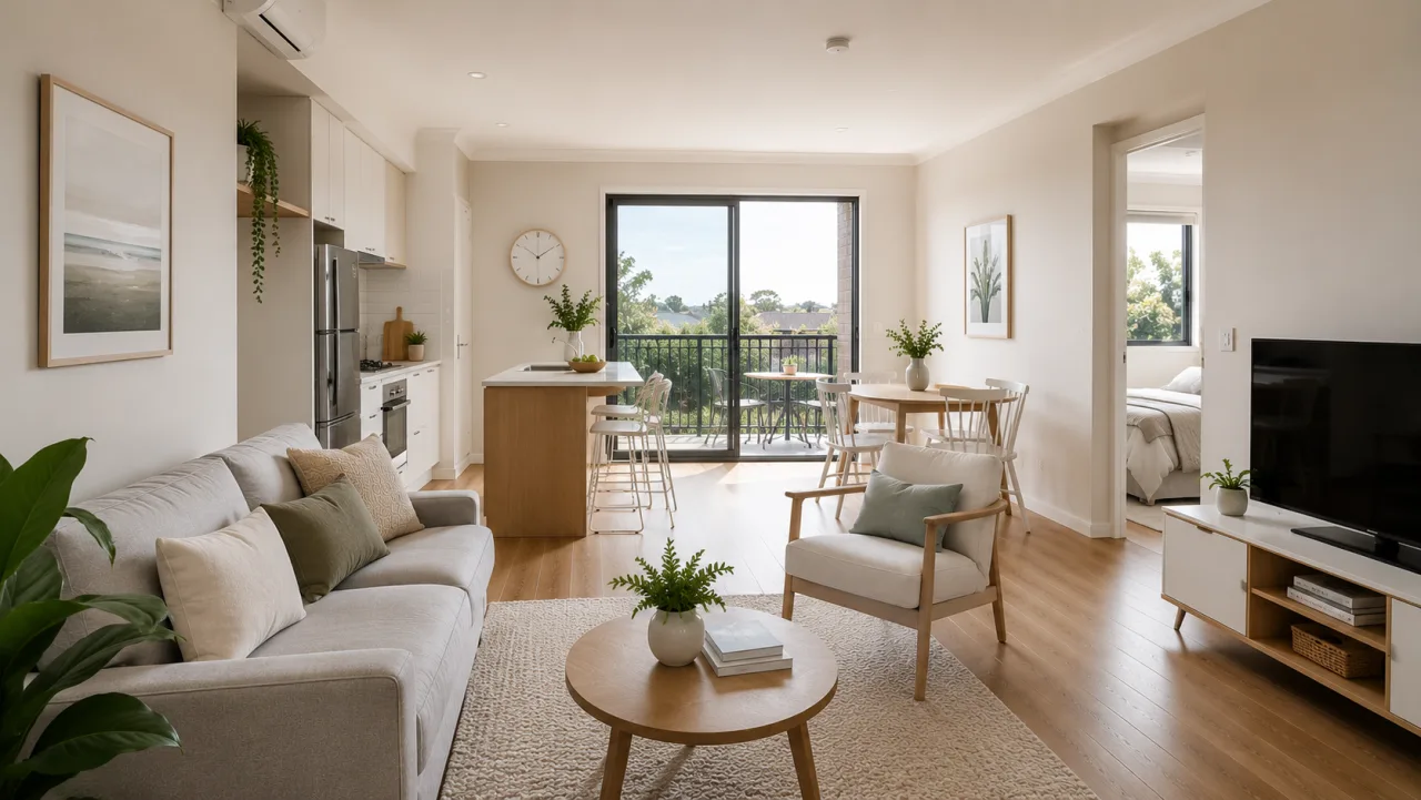 Freshly painted compact apartment living space in Geelong with light neutral walls and white ceiling