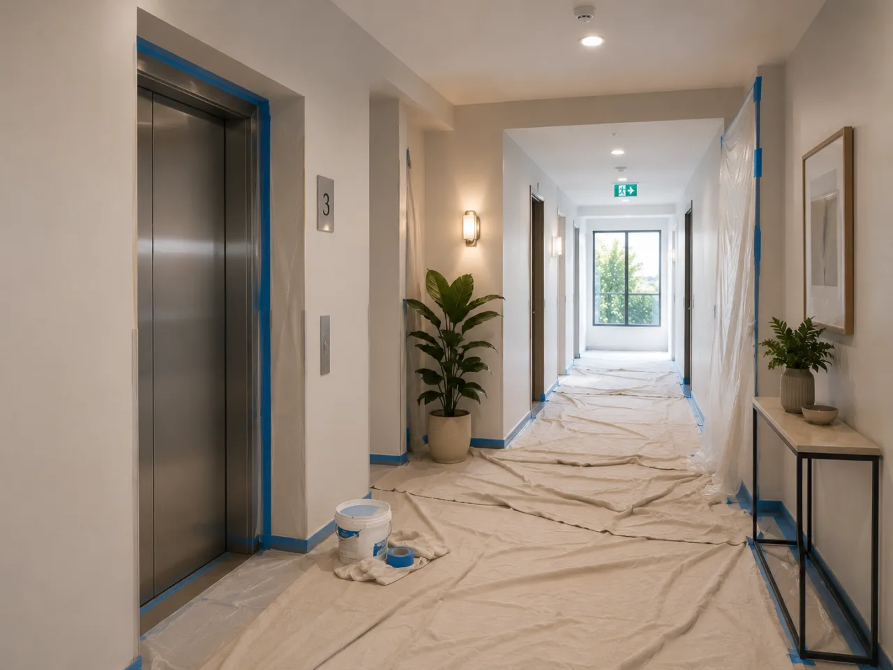 Apartment building corridor and lift protected with drop sheets and masking during a unit repaint