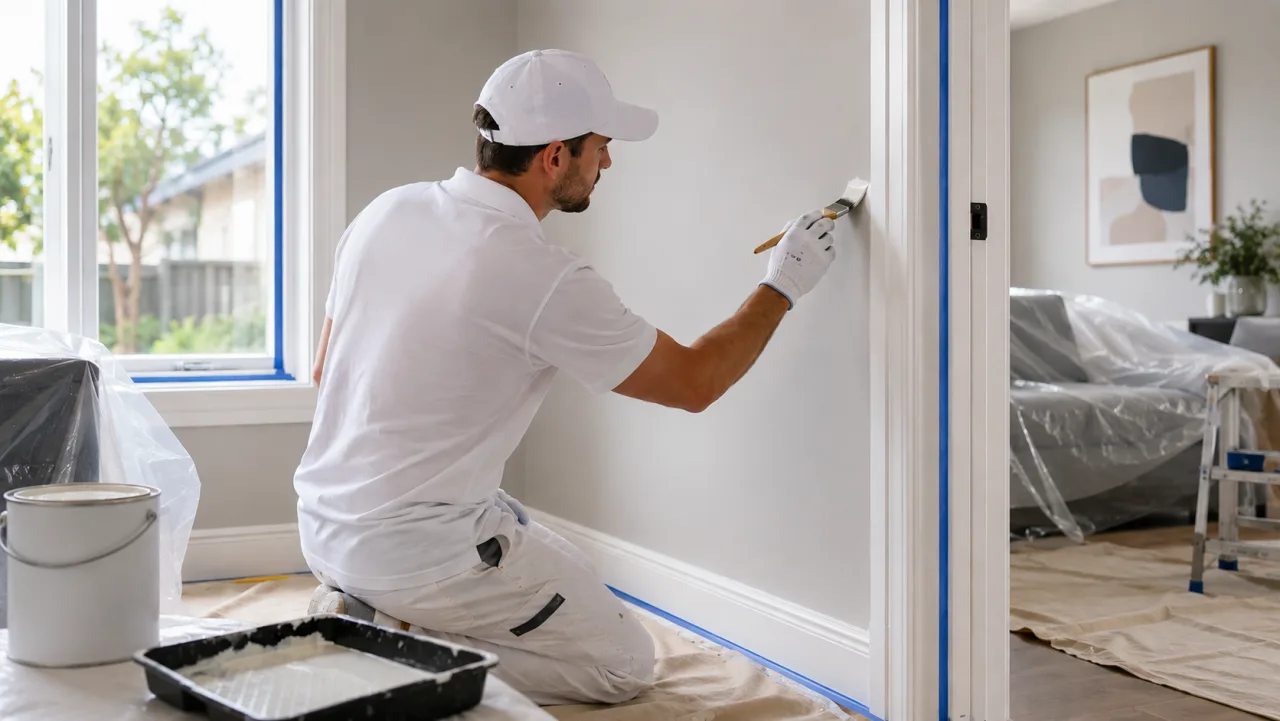 Professional Geelong interior painter cutting in a clean edge with masked trims and protected floors