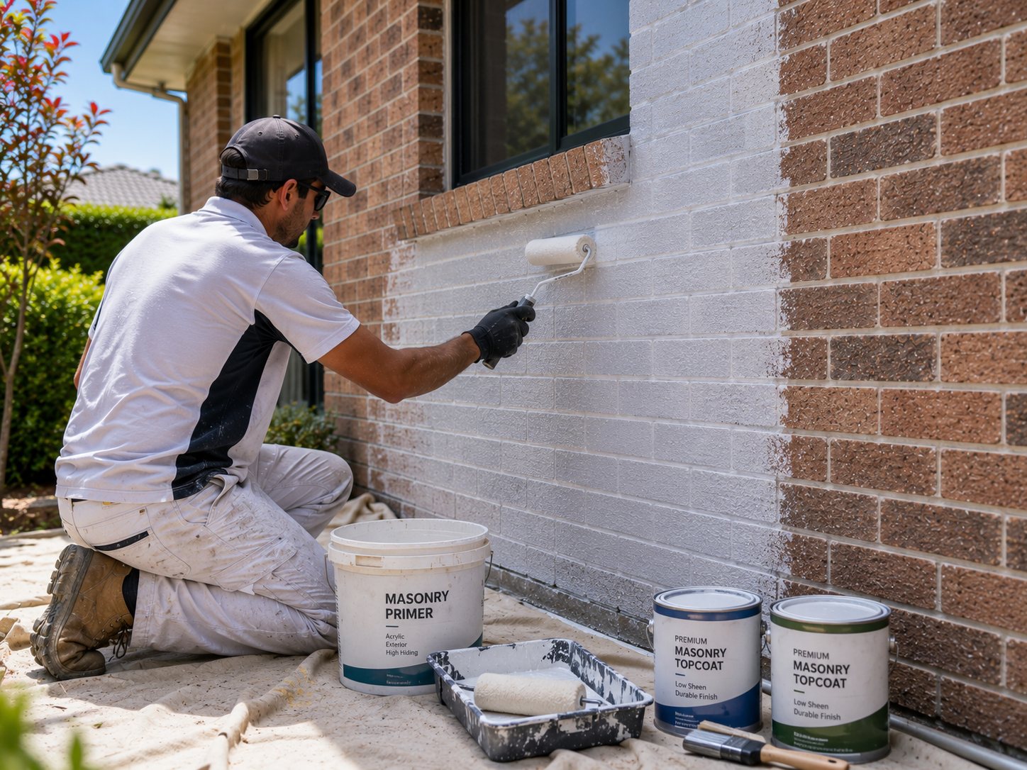Painter applying masonry-grade primer to a brick wall before topcoats in Geelong