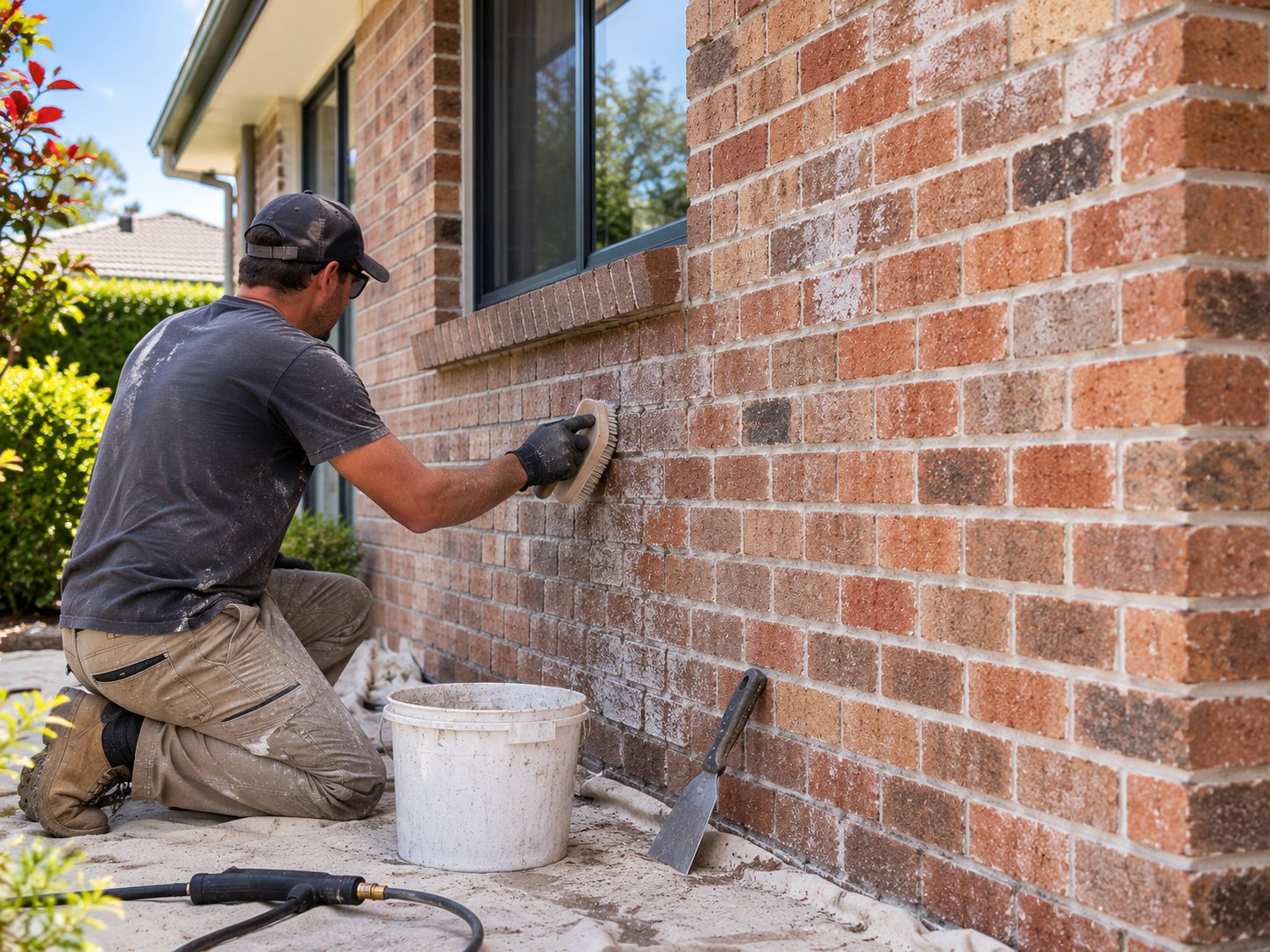 Brick wall being cleaned and prepared before painting in a Geelong home