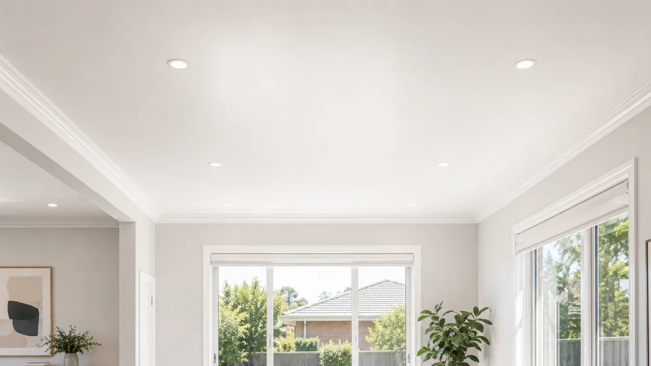 Freshly painted bright white ceiling in a Geelong room reflecting natural light and making the space feel taller