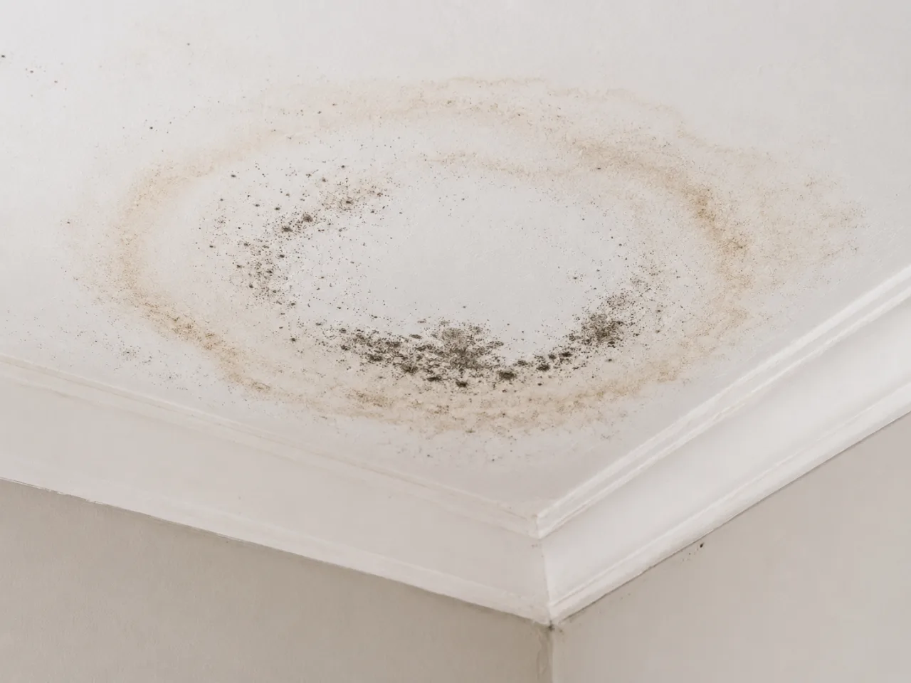 Brown water-stain ring and mould spotting on an older Geelong ceiling before stain-sealing and repainting