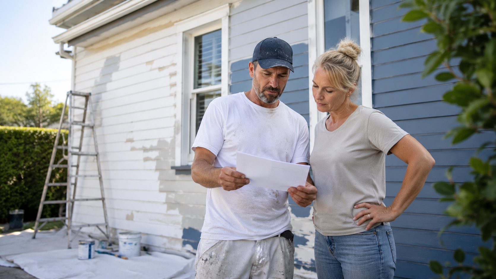 Homeowner and painter reviewing an itemised exterior painting quote in Geelong