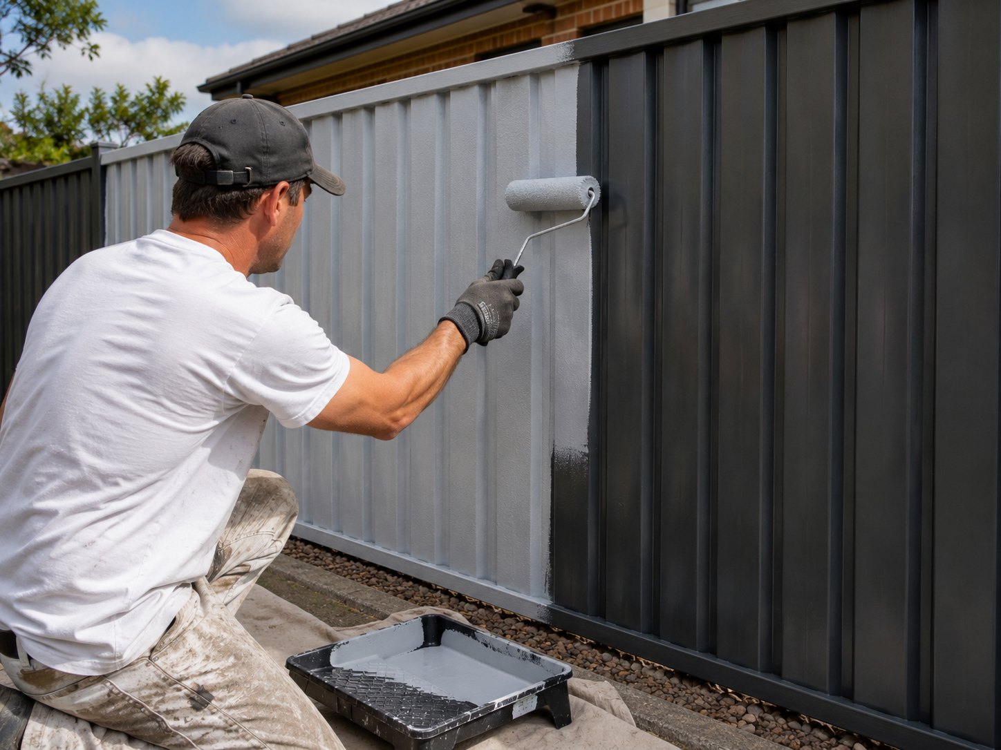 Painter applying specialist metal primer to a Colorbond steel fence in Geelong