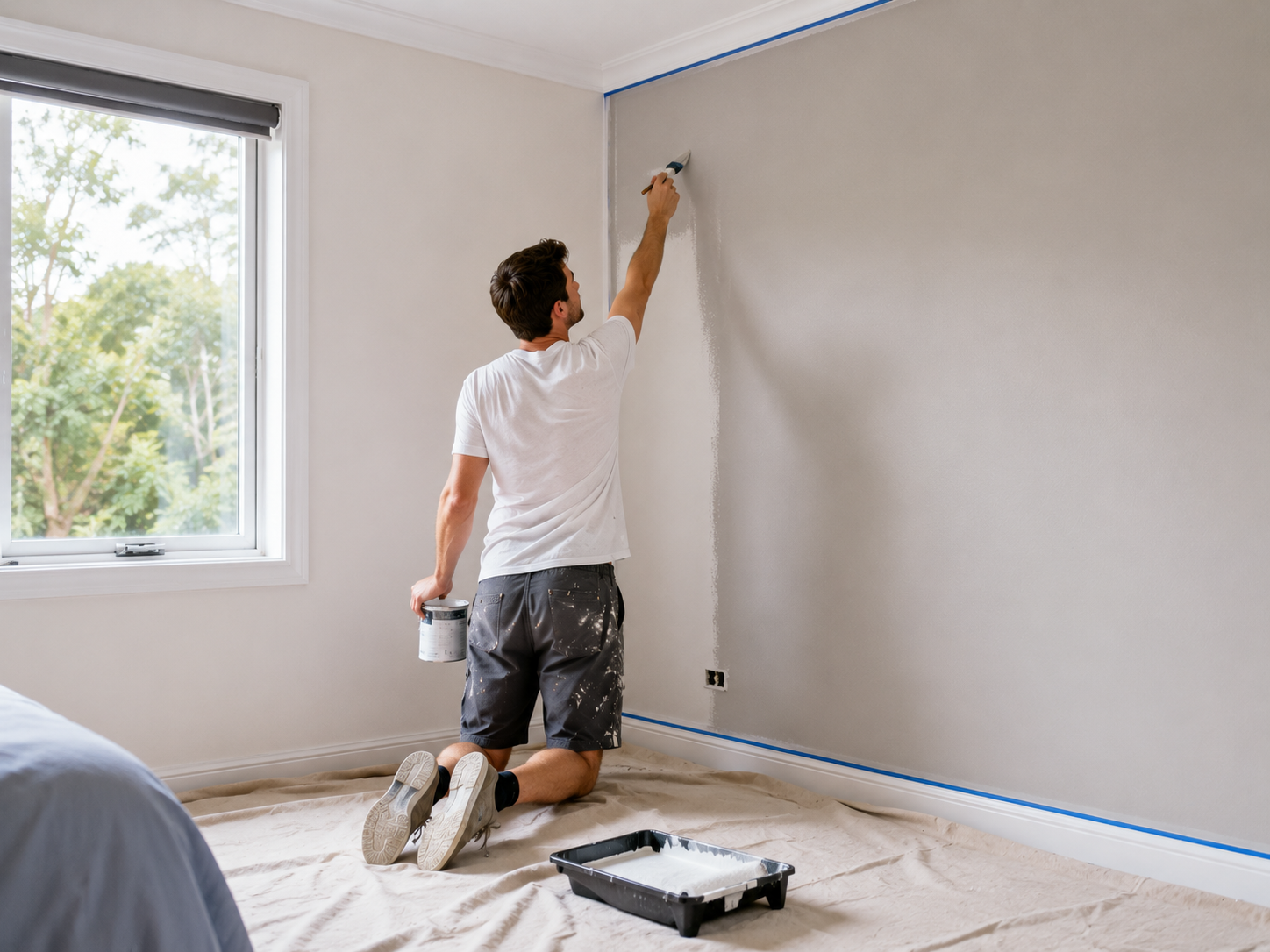 Homeowner rolling paint onto a single bedroom wall in a Geelong home — an achievable DIY project