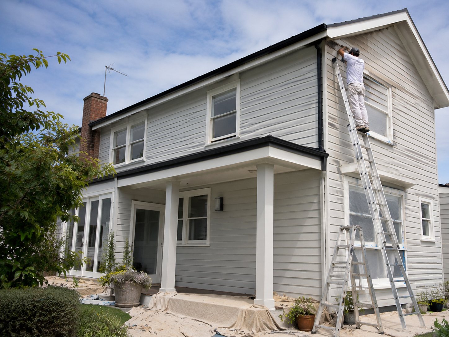 Two-storey house exterior with height access equipment illustrating cost factors for painting in Geelong