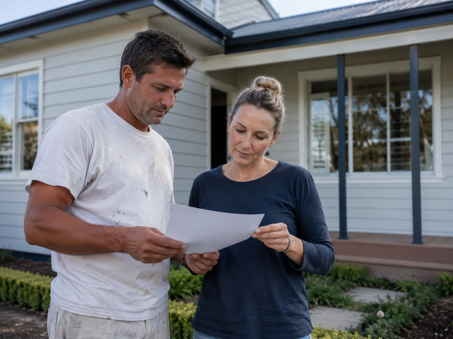 Homeowner and painter reviewing an itemised exterior painting quote outside a Geelong home
