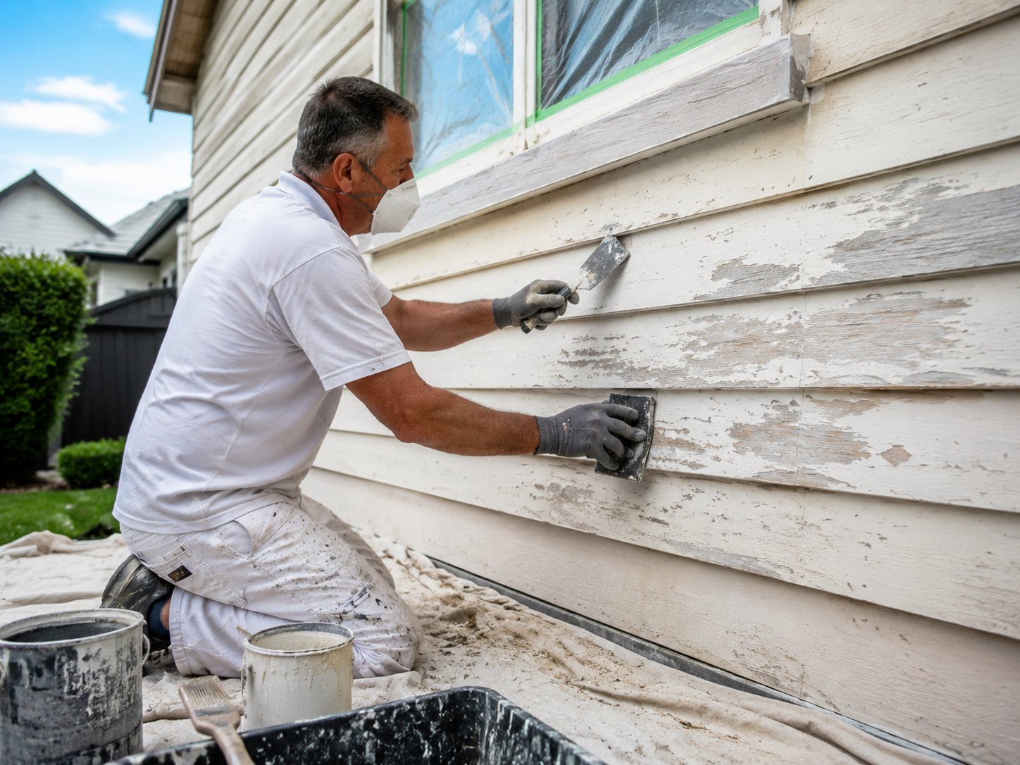 Painter preparing a Geelong home's exterior surface before applying primer and paint