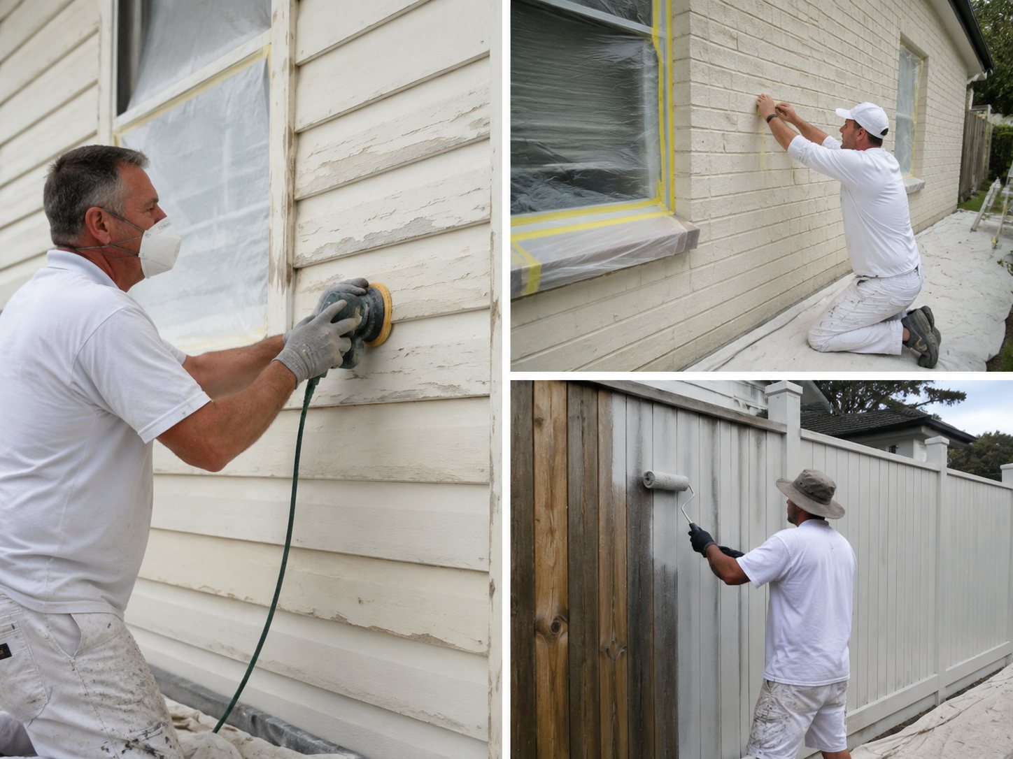 Weatherboard, brick and fence surfaces prepared for exterior painting in Geelong