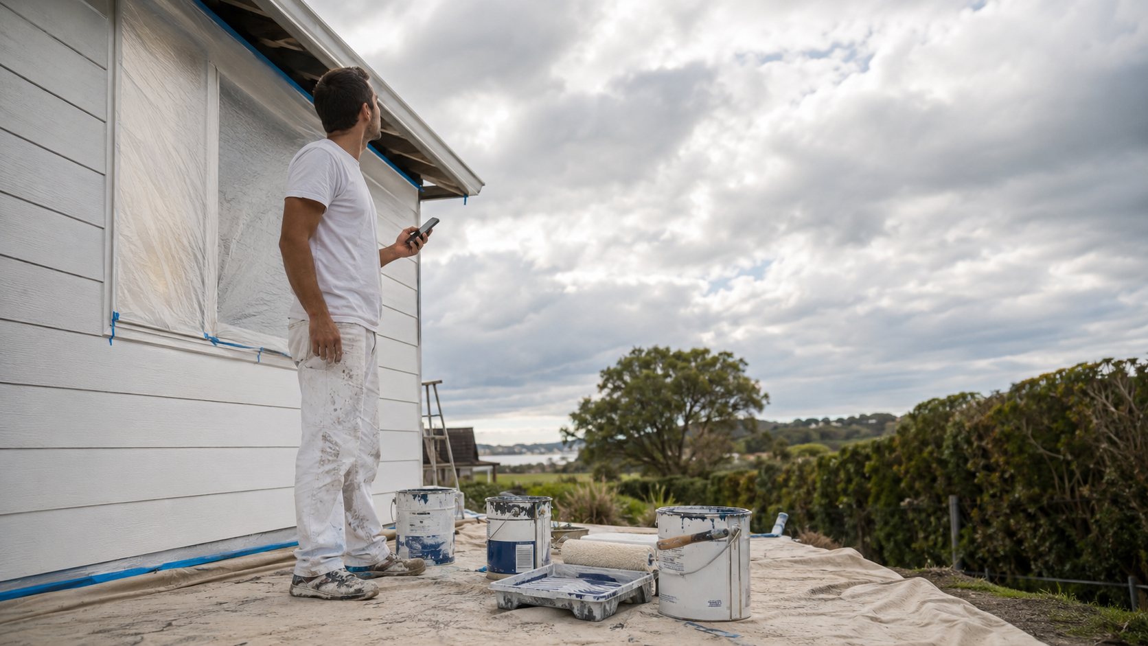 Professional painter checking weather conditions before starting exterior house painting in Geelong