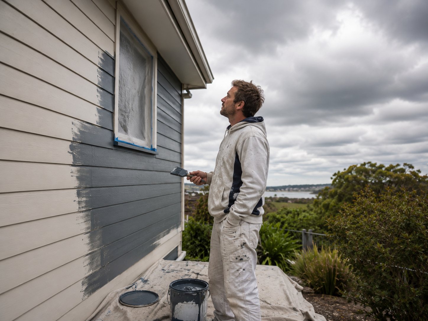 Painter assessing overcast weather conditions before applying exterior paint in Geelong