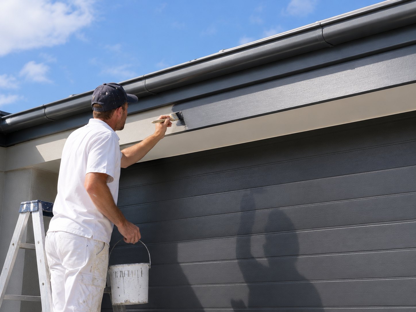 Painter applying fresh paint to fascia and gutter trim on a Geelong home