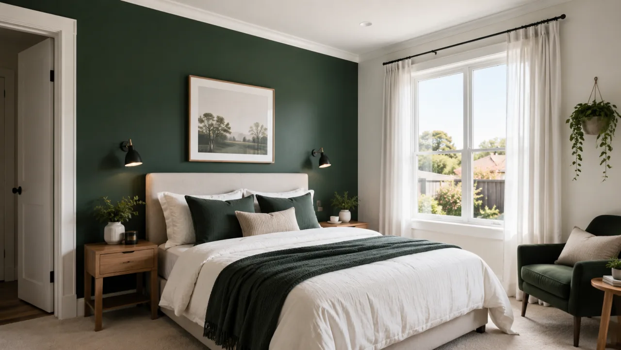 Bedroom with a deep forest green feature wall behind the bed, contrasting with white walls and trim in a Geelong home