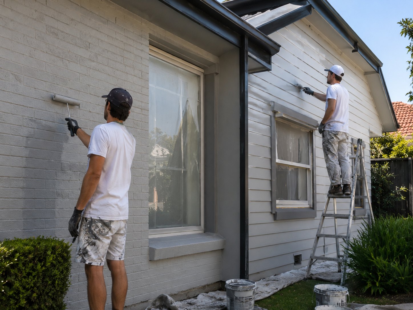 Painters coordinating a full-envelope repaint across brick, weatherboard and trim surfaces in Geelong