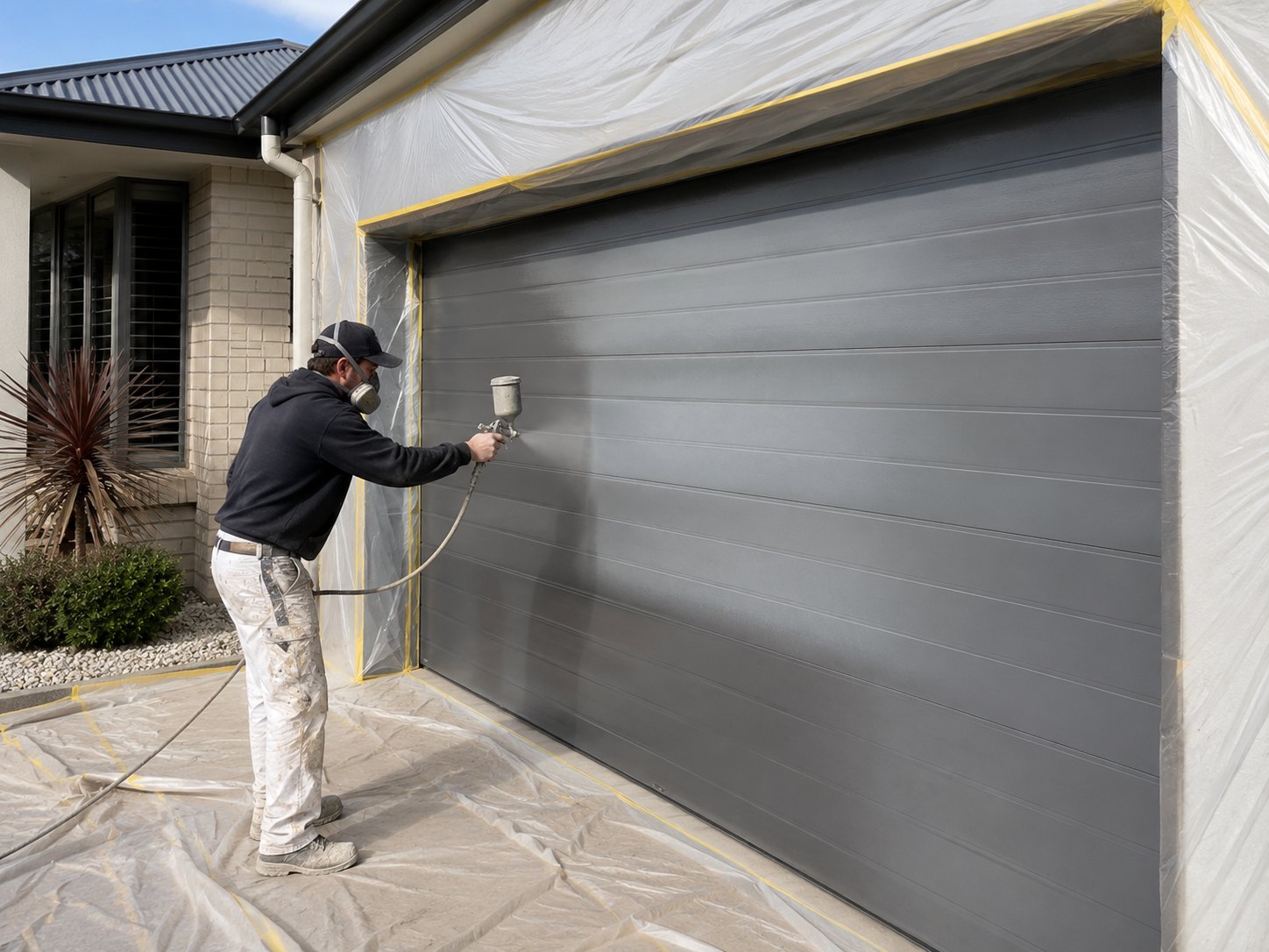 Painter spray-finishing a metal garage door with masked surrounding area in Geelong