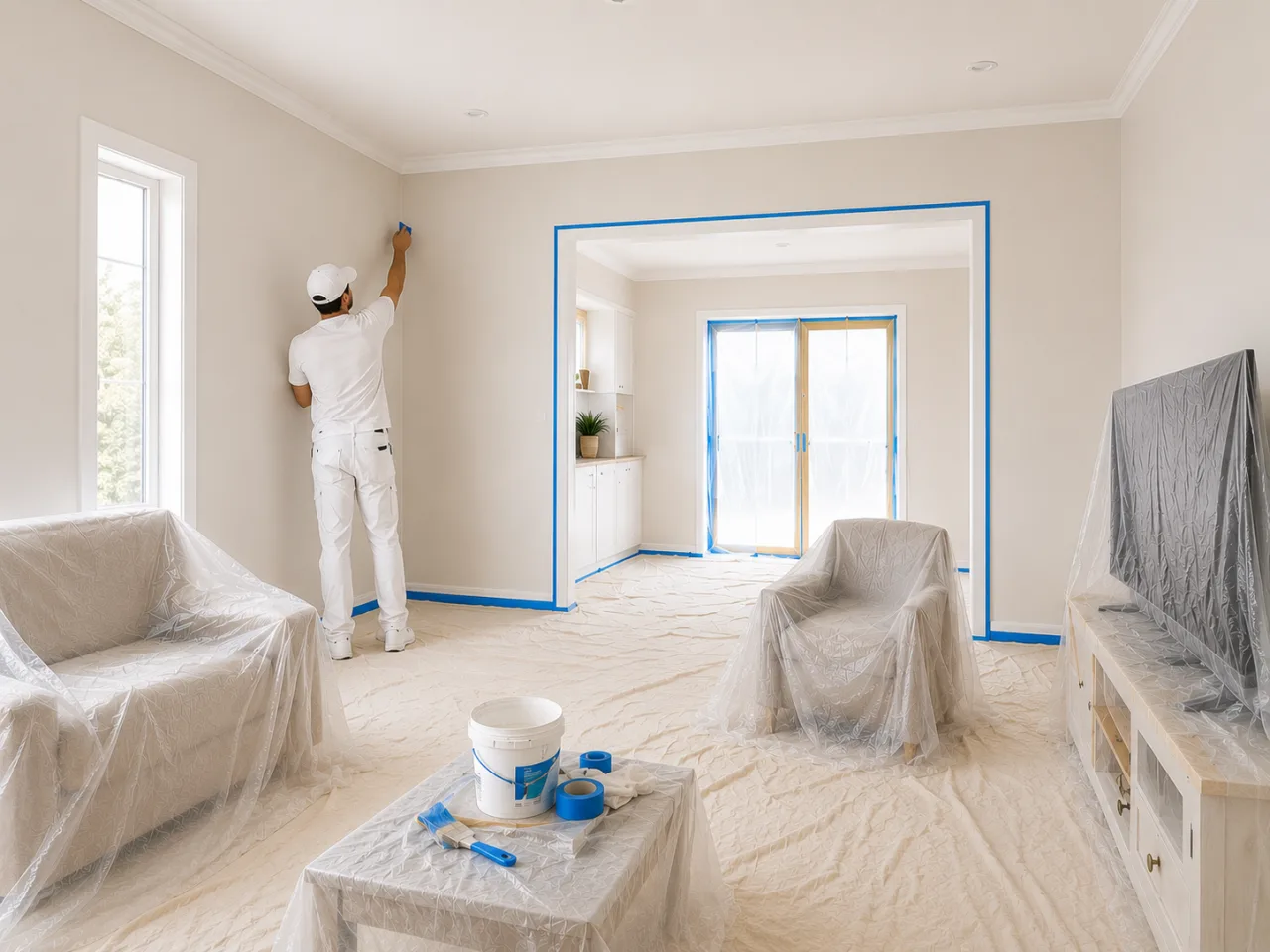Painter masking trims and preparing surfaces before interior painting in Geelong