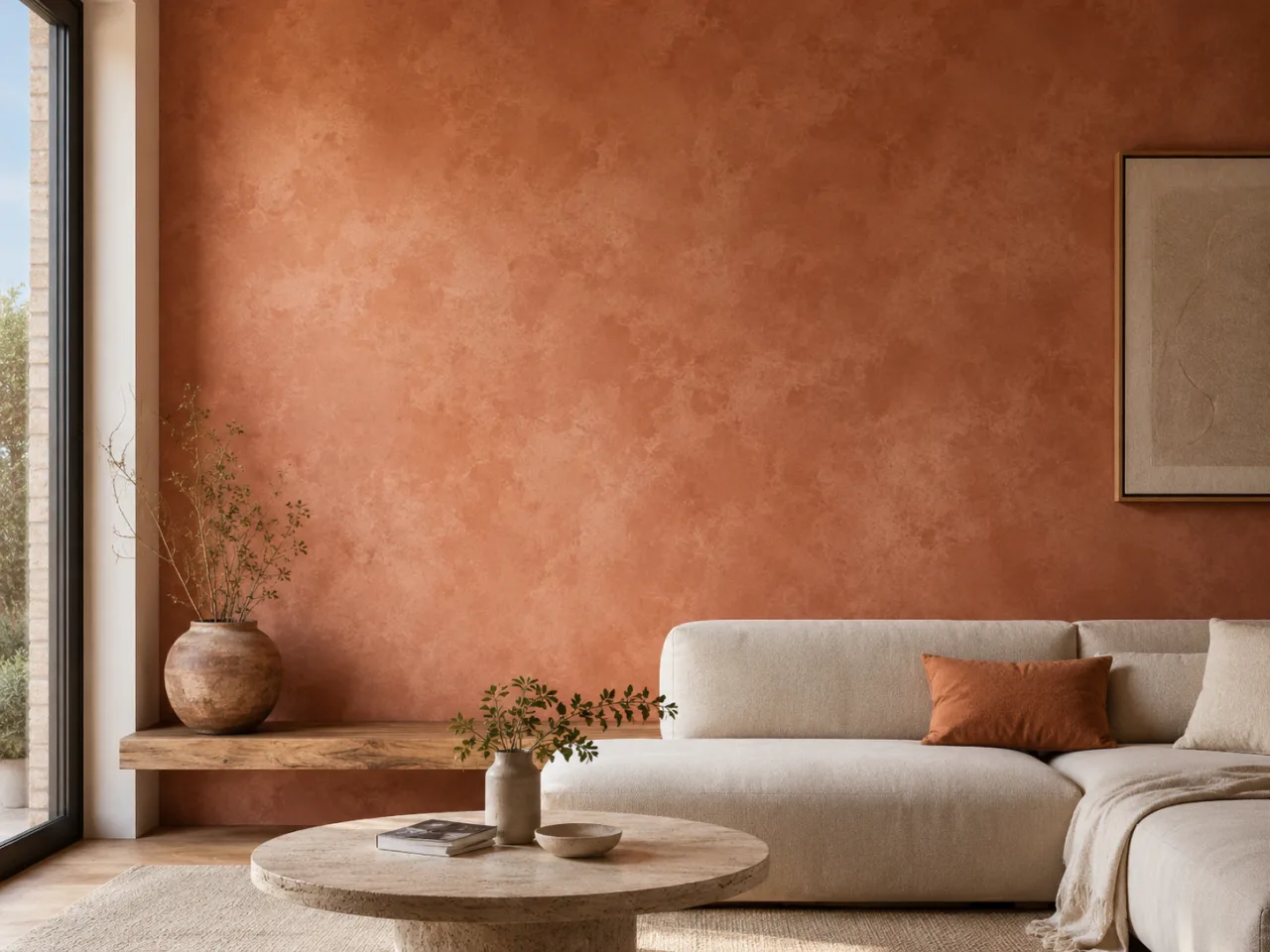 Limewash finish feature wall in a warm terracotta tone, showing the characteristic cloudy texture and depth in a Geelong living room