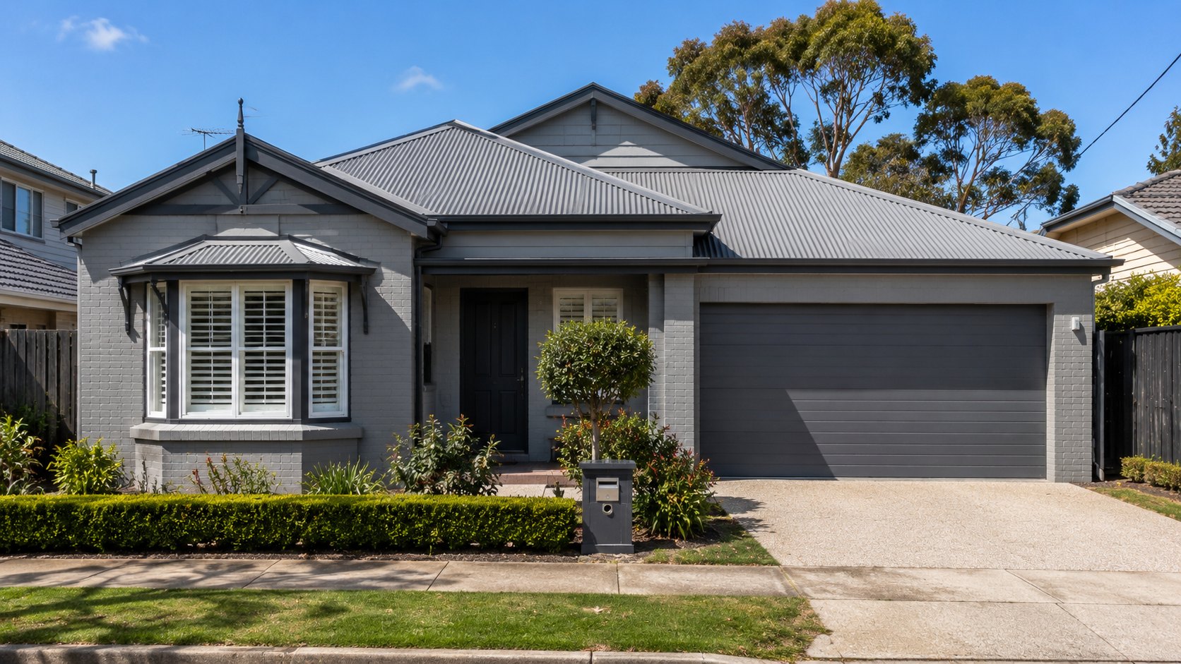 Fully repainted home facade in Geelong with a coordinated colour scheme across brick, weatherboard and trims