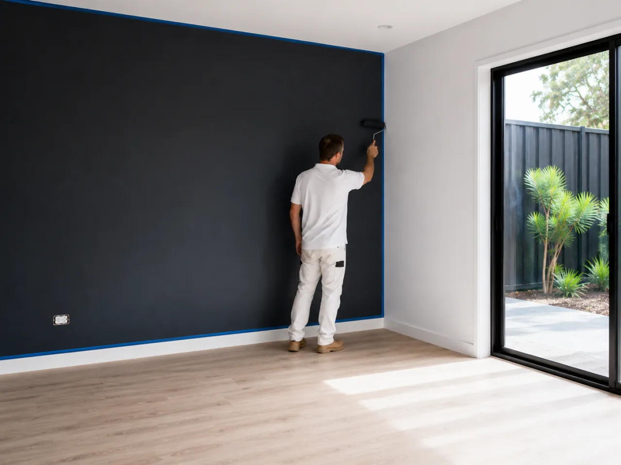 Painter applying deep charcoal paint to a feature wall with precise tape lines at the corner where it meets a white wall, Geelong interior