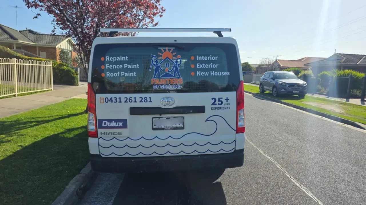 Rear view of the Painters of Geelong Toyota HiAce van showing interior, exterior and repaint services