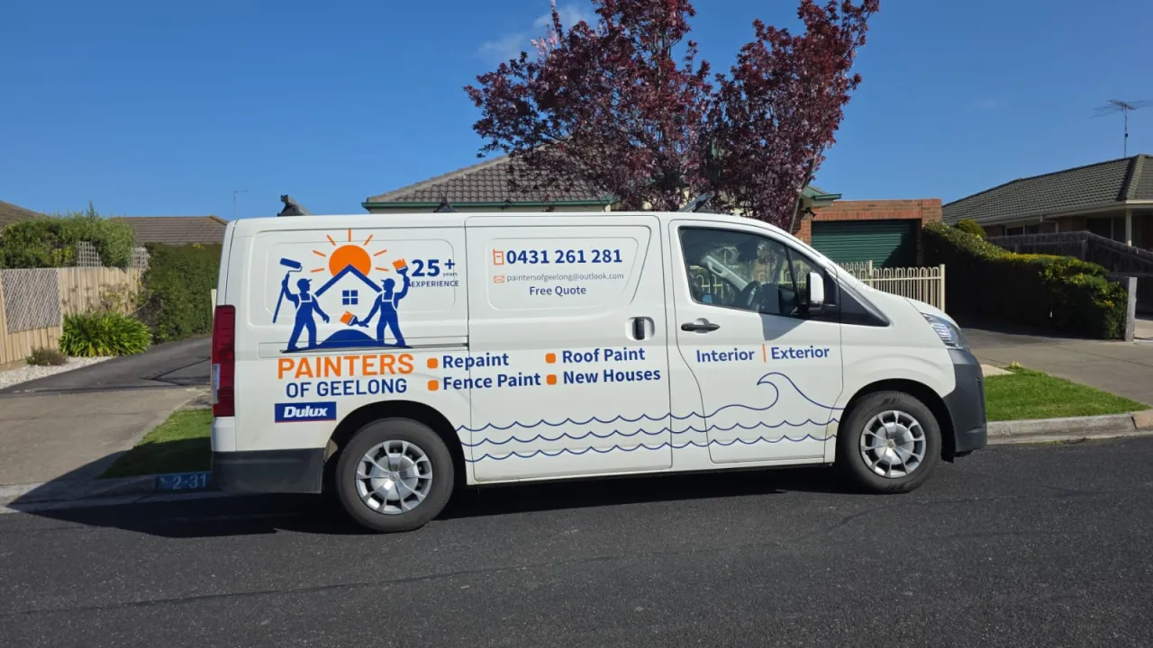 Painters of Geelong Toyota HiAce van parked on a Geelong street, side view