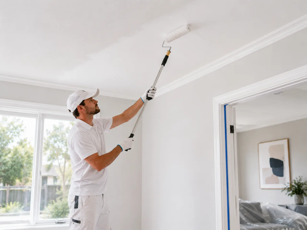 Painter rolling a ceiling with an extension pole in one consistent direction, keeping a wet edge