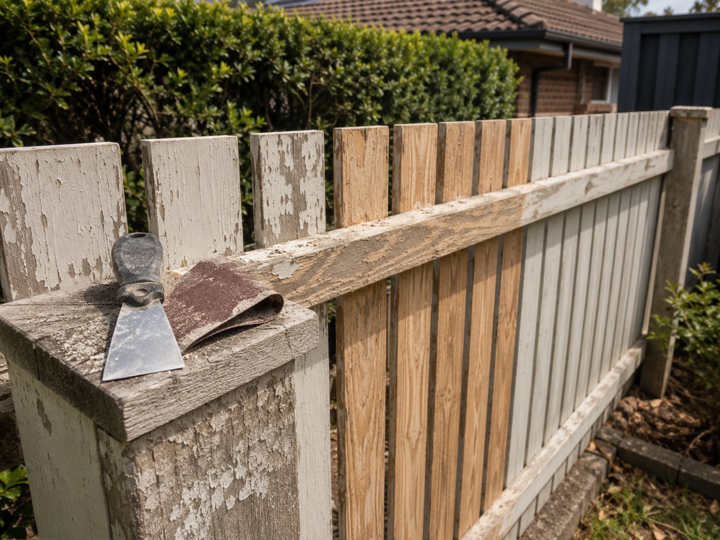 Timber fence being sanded and cleaned in preparation for painting in Geelong