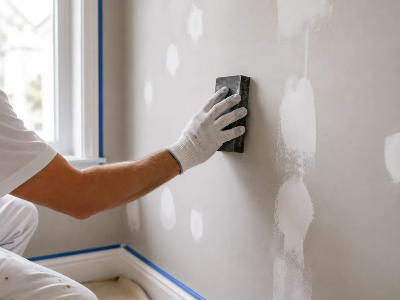 Close-up of interior wall preparation — filling and sanding before painting, the step cheap quotes skip